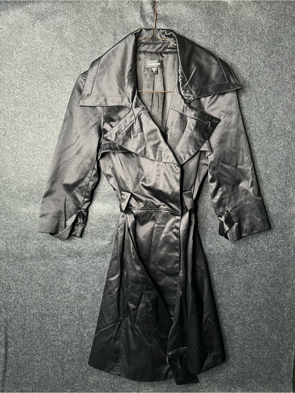 Y2K Vintage bebe BLACK BELTED LIGHTWEIGHT TRENCH COAT WOMEN'S SIZE XS 3/4 SLEEVE
